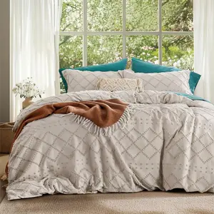 Boho Duvet Cover King Size - Boho, Tufted King Duvet Cover for Seasons, 3 Embroidery,Comforter Not Included (Beige, 104" x 90")