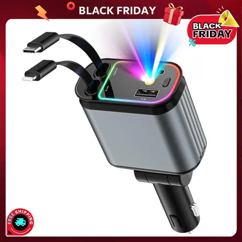 66W Fast Charging Supported Car Charger - 4-in-1 Retractable Multiport Charger, 2 USB A Ports, Compact Starlight LED Backlit Phone Charging Accessory for iPhone 17, Android Devices
