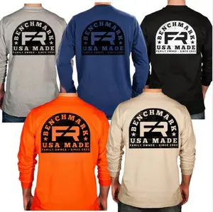 Benchmark Wood Stamp Flame Resistant Long Sleeve Shirt, Men's Graphic Workwear T-Shirt, Long Sleeve Tee clothing PANDG