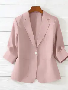 A women's solid color lightweight Fitted stylish elegant high-end three-quarter sleeve classic lapel double-pocket blazer, suitable for spring and summer, ideal for daily commuting and outdoor wear, Womenswear