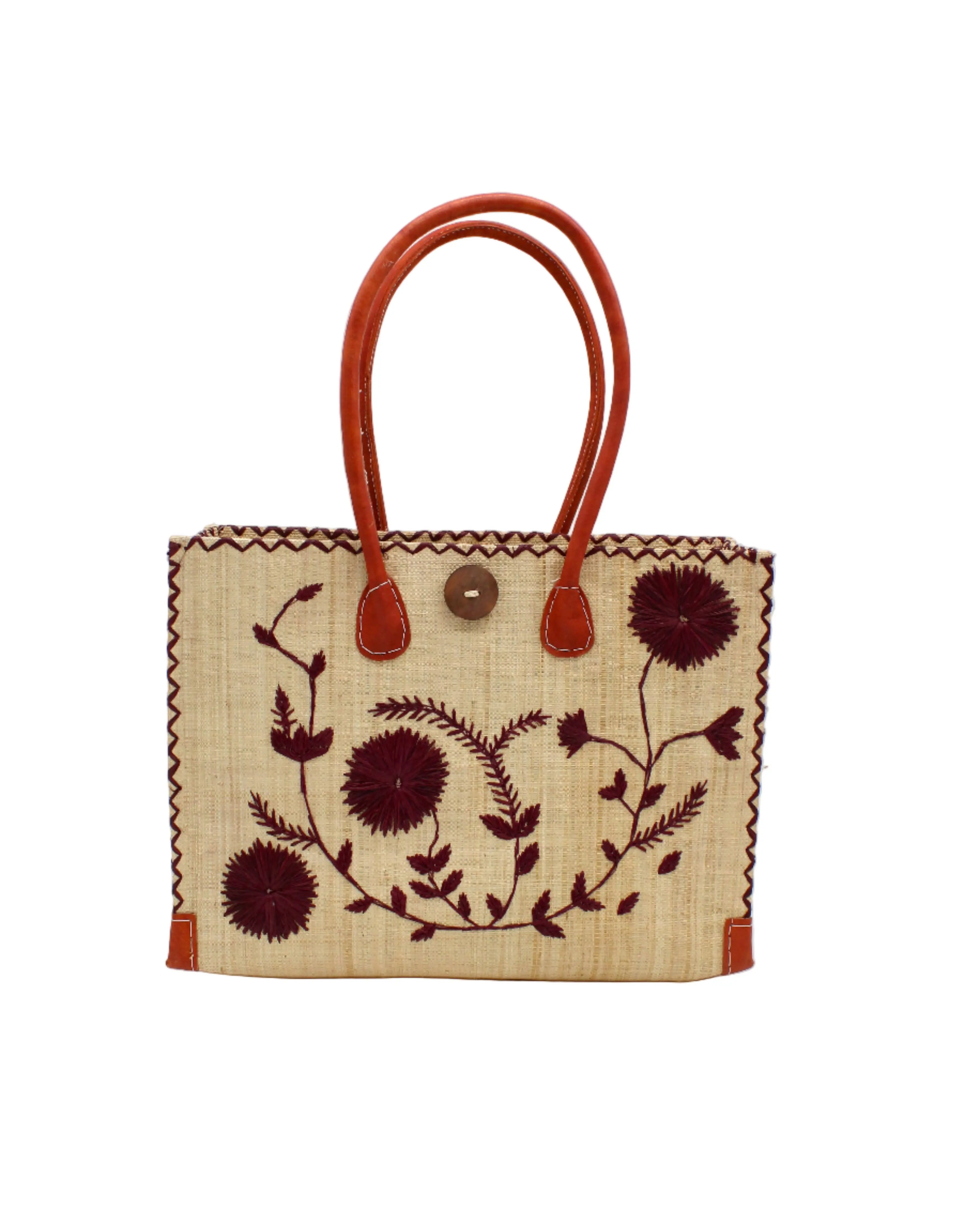 Zafran Small Embroidered Raffia Straw Beach Bag