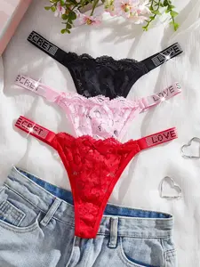 Women's Seamless Lace Thong Panties, Soft Comfortable Fit, Fashion Comfy Underwear, Perfect for Spring Summer, Sexy Letter Water Brick Design, Fashion Breathable Underwear