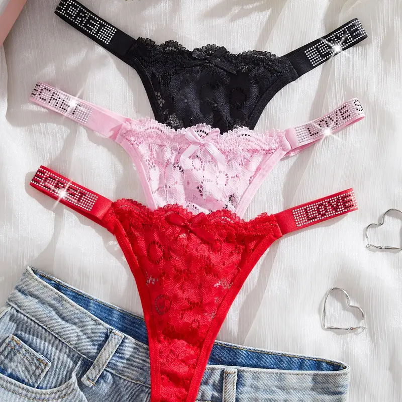 Women's Seamless Lace Thong Panties, Soft Comfortable Fit, Perfect for Spring Summer, Sexy Letter Water Brick Design, Lace Fitted Panty, Fitted Underwear