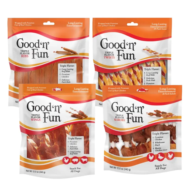Good ’n’ Fun Classic Dog Chews 4-Pack Bundle – Kabobs 12 oz, Wings 12 oz, Ribs 12 oz & Twists 35 Count