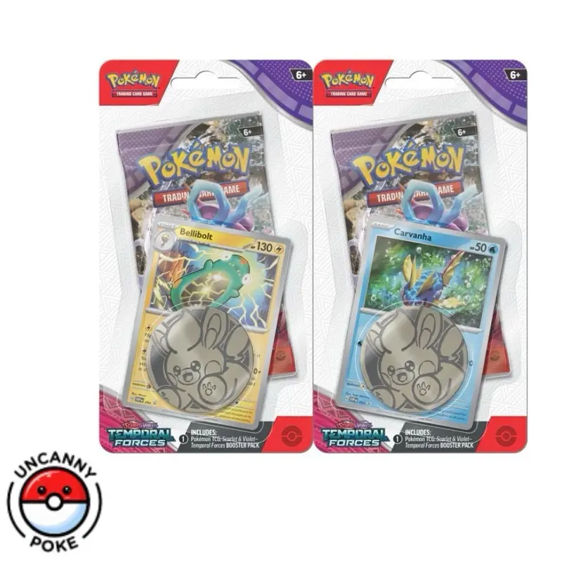 Temporal Forces Blister, 1 pack, random promo (Bellibolt, Carvanha), coin, Pokemon