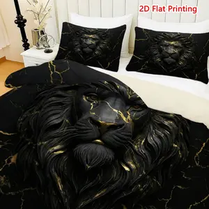 3 Piece Set majestic black lion with golden veins Prints Art Print Quilt Set - Includes 1 Duvet Cover and 2 Pillowcases (filling Not Included), Breathable and Soft, Polyester, Machine Washable, Suitable for All Seasons Duvet Cover Sets