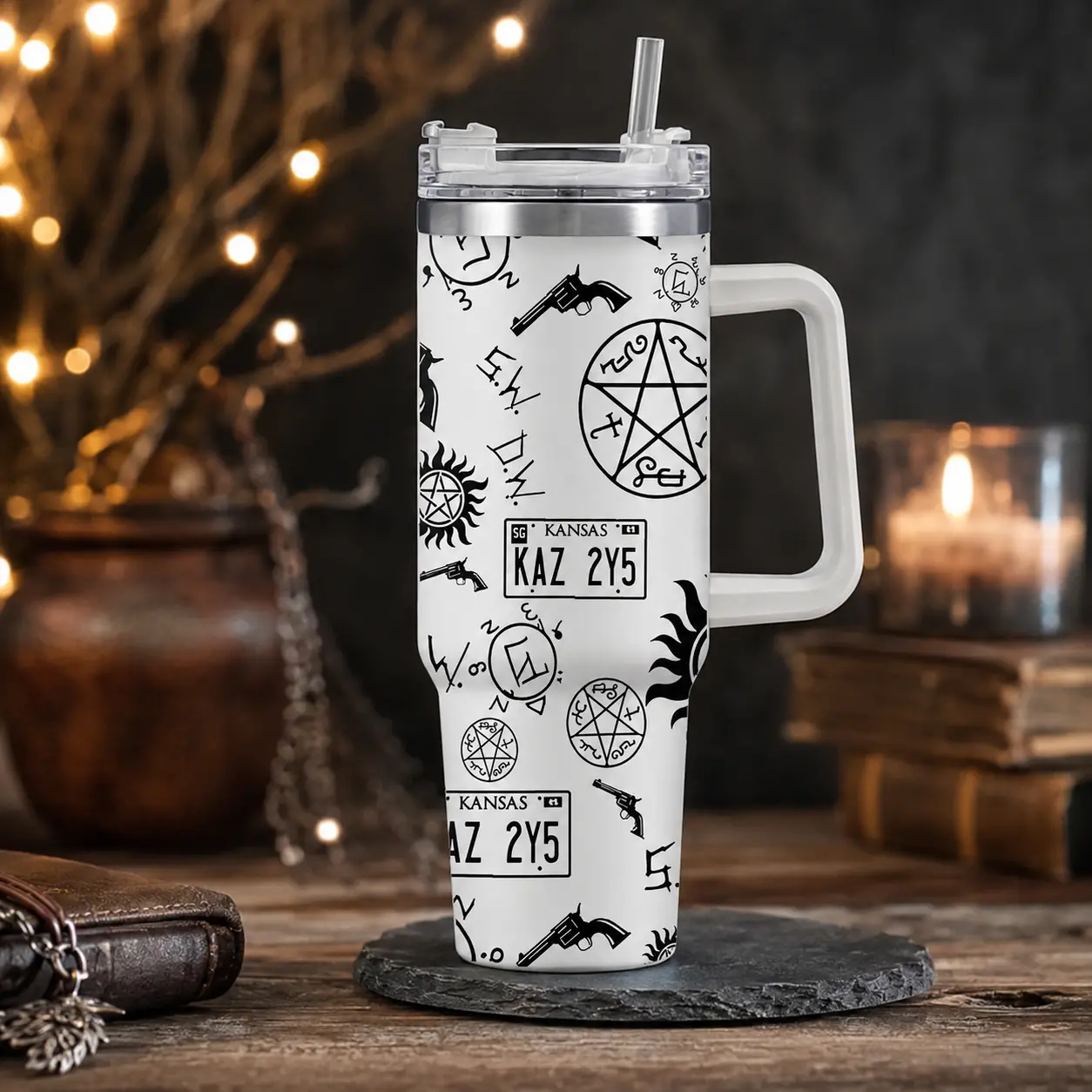Supernatural 20/30/40oz Tumbler with Handle, Stainless Steel Vacuum Insulated Travel Mug with Straw Lid, Durable Hot & Cold Cup, Gift for Supernatural Fans