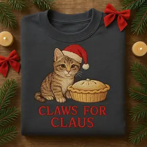 Embroidered Christmas Cat Sweatshirt, Cute Kitten Holiday Apparel, Funny Xmas Cat Lover Gift, Claws for St. Nick Crewneck