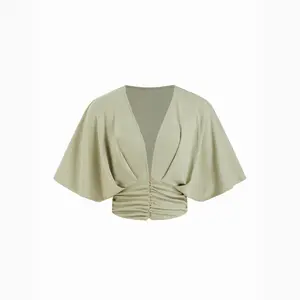 Cider V-neck Batwing Sleeve Ruched Shirred Button Top