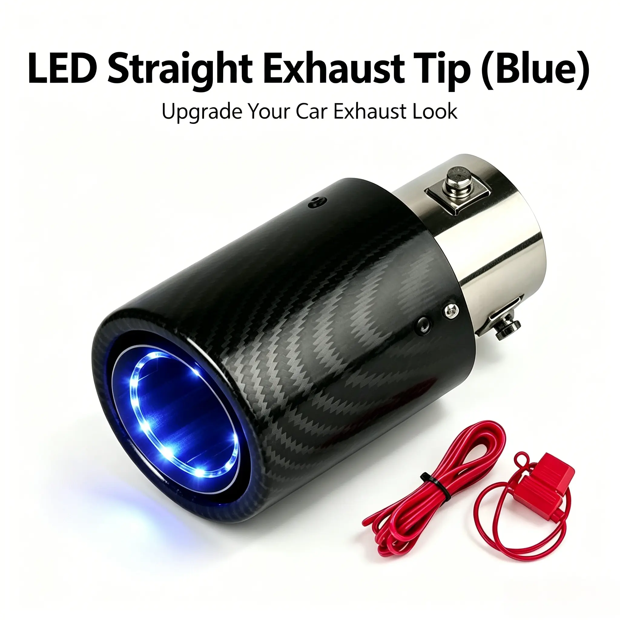Universal LED Carbon Fiber Style Car Exhaust Tip - Straight Clamp-On Tailpipe Cover with 1 Red or Blue LED, Car Accessories for SUVs, Rear Bumper Vehicle Accessory
