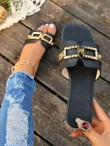 Women's Chain Strap Sandals, Summer Beach & Street Style Flat Shoes, PU Upper Rubber Sole Casual Footwear, Buckle