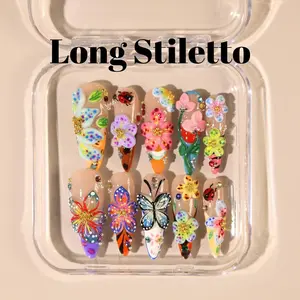 Luxury Enchanted Garden Press-On Nails – 3D Floral Design with Red Ladybug and Crystal Butterfly Nails - Dreamy Nails - Custom Fake - False Nails