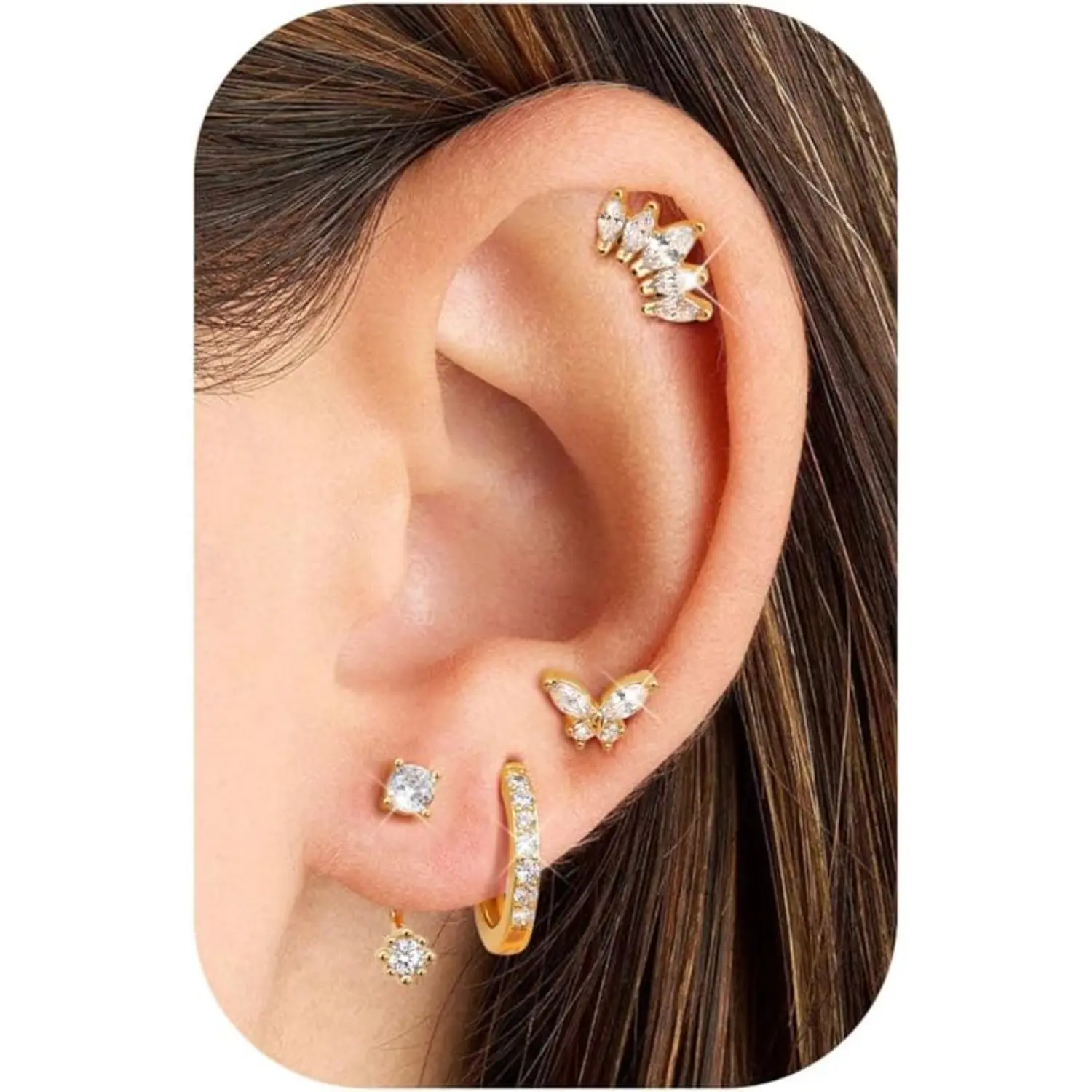 Women's Classic Dainty Fashion Jewelry 4-Pair Earrings Set - 316L Stainless Steel, 20G=0.8mm, Hypoallergenic Nickel-Free, Mixed Types (Hoops, 5mm Flat Backs, Jackets) for Multiple Piercings, Earring Stack, Birthday Gift with Gift Box