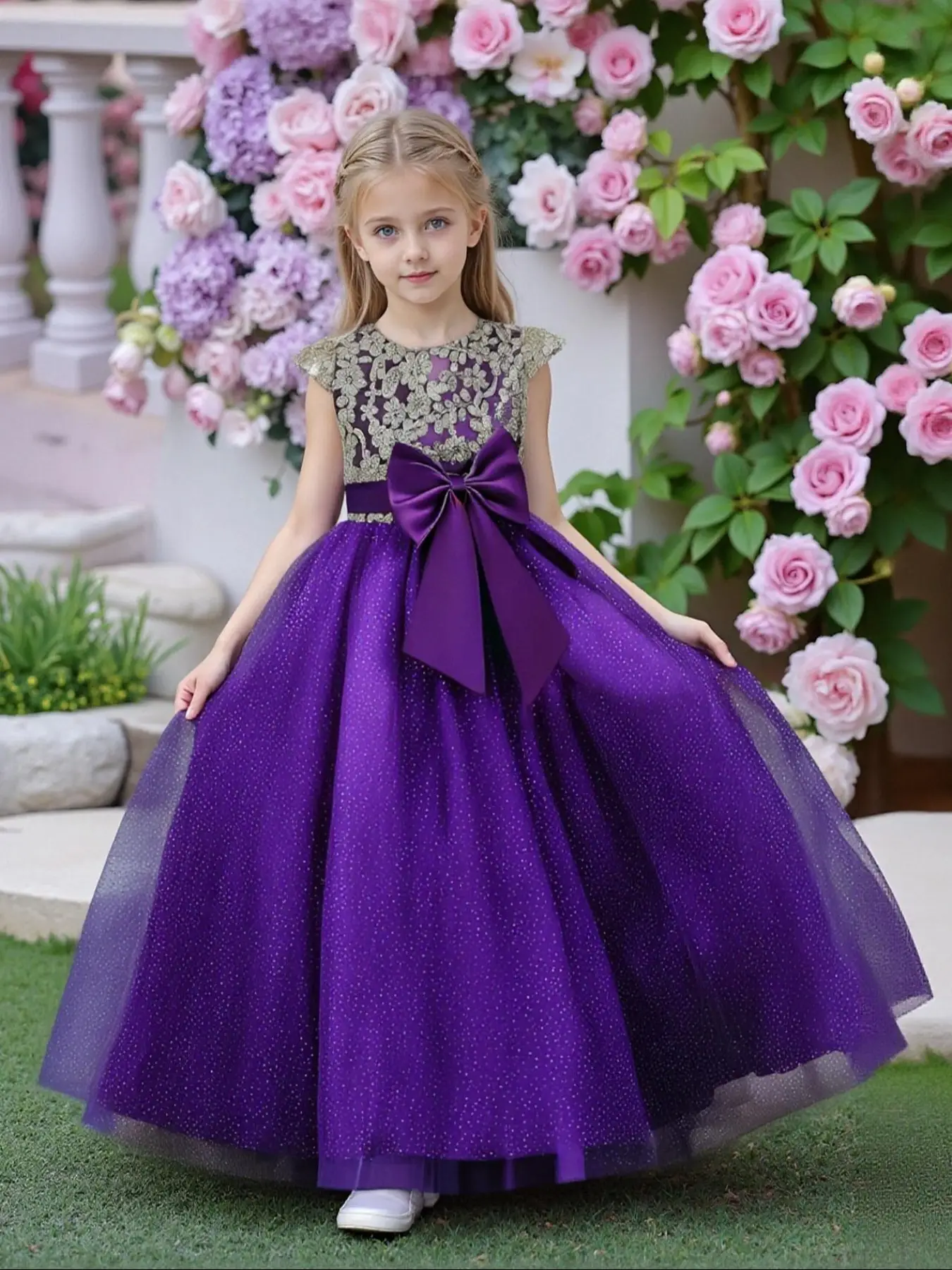 Girl's Floral Pattern Contrast Mesh Big Bow Decor Tulle Dress, Elegant Zipper Back Cap Sleeve A Line Long Dress for Party Performance Wedding Guest, K