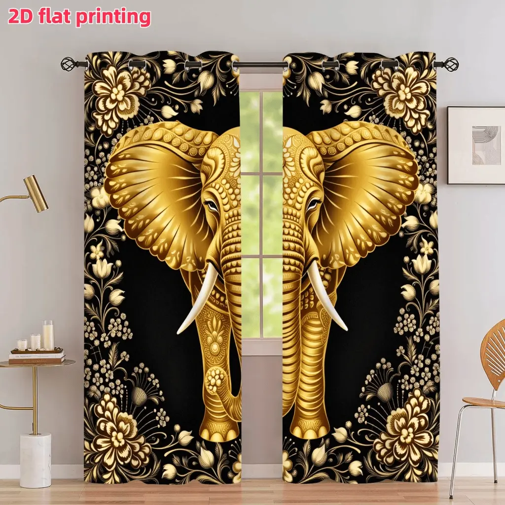 2D Flat 2Pcs Golden Elephant and Floral Patterned Curtains, Window Drapes, Luxury Animal Ethnic Style, with Loop Perforated Design, Semi Sunshade, for Home Living Room Bedroom Balcony Kitchen Study Shower Decoration, Window Accessory, Anti Privacy.