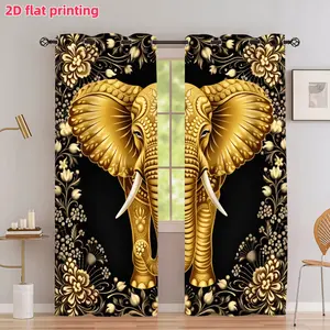 2D Flat 2Pcs Golden Elephant and Floral Patterned Curtains, Luxury Animal Ethnic Style, with Loop Perforated Design, Semi Sunshade, for Home Living Room Bedroom Balcony Kitchen Study Shower Decoration, Window Accessory, Anti Privacy.