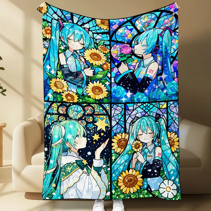 Hatsune Miku Stained Glass Flannel Blanket, 4-Panel Art, Sunflower Rose Motifs, Vibrant Blue Tones, Super Soft Warm Throw
