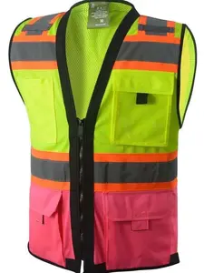 Surveyor Yellow / Pink Two Tones Safety Vest, ANSI/ ISEA Photo ID Pocket Menswear Clothing