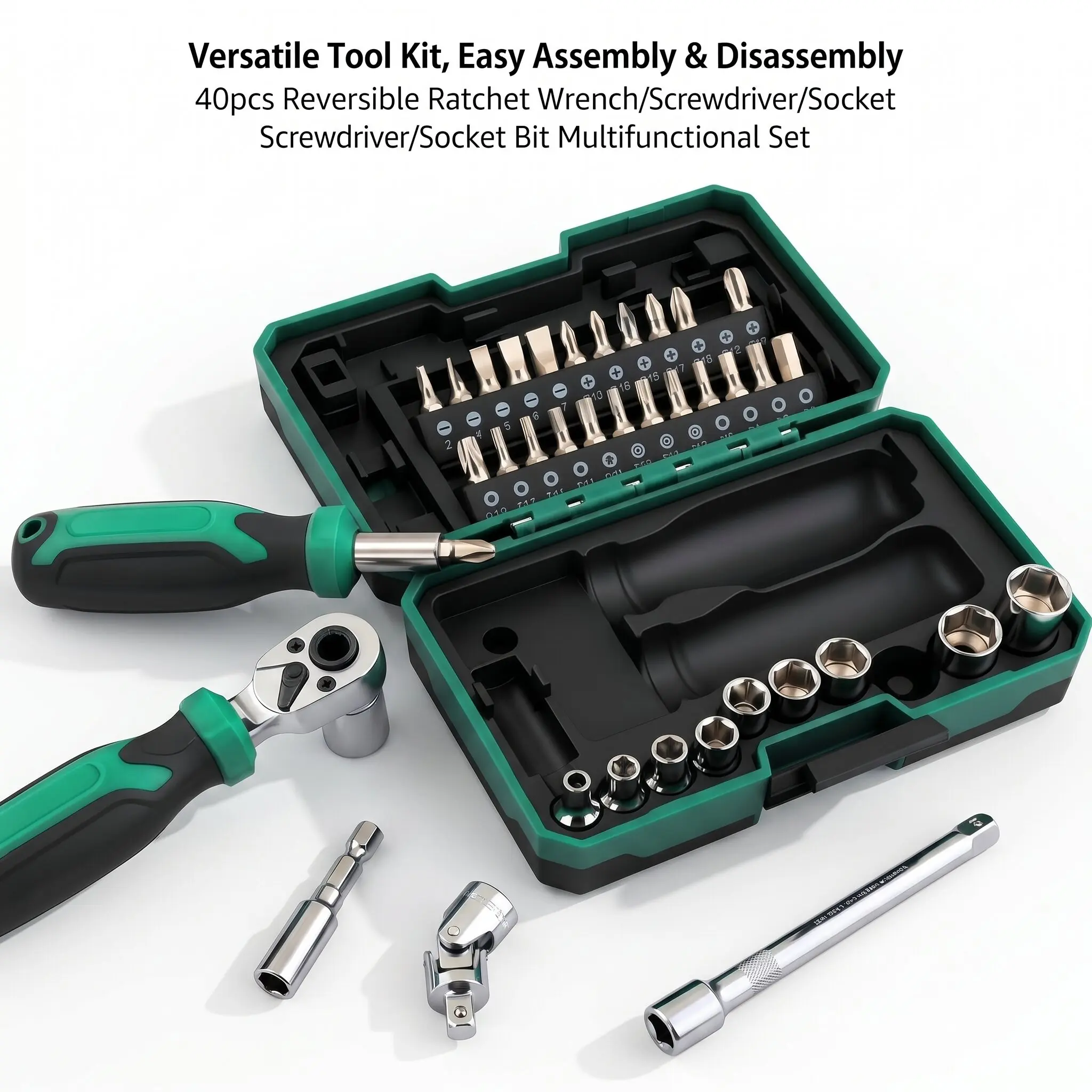 40-Piece All-in-One Socket & Screwdriver Bit Set, High-Torque Ratchet Wrench Tool Kit for Home, Garage, Auto Repair