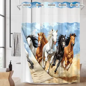 1PC 2D Flat Double-Layer Woven Shower Curtain with Galloping Horses and Five Steeds Pattern (No Hooks), Transparent Top Window, Removable Lining with Clips, Home Bathroom Partition Art Decoration, Bathroom Decor, Shower Curtain Liner