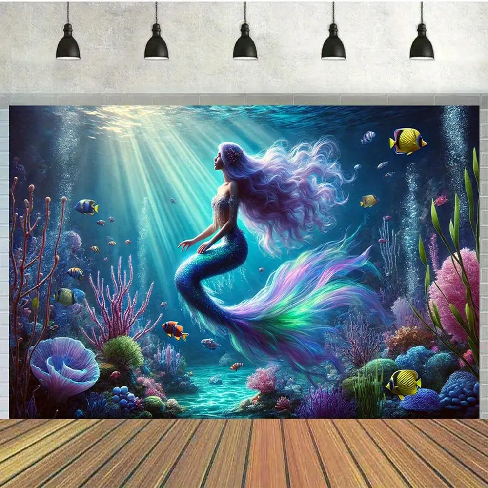 1pc 2D Flat Mermaid Underwater Backdrop, Polyester Material Mermaid Theme Photography Background Cloth, Multi-Purpose No-Power-Needed Party Decor for Birthday Cake Table & Photo Studio