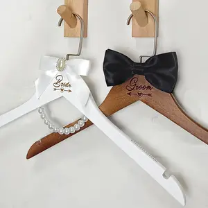 Pair of Bride Hanger Wooden Wedding Dress Non-Slip  Hangers Groom Suit and Gown Hanger with Bow Tie Bridal Party Personalized  (Style 3)