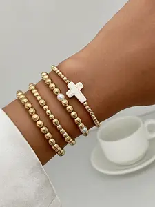 4-Piece Gold Stackable Bracelet Set with Cross & Pearl Accents | Minimalist Religious-Chic Gift for Stylish Women, Daily & Spiritual Occasions, Elegant Jewelry Bracelet