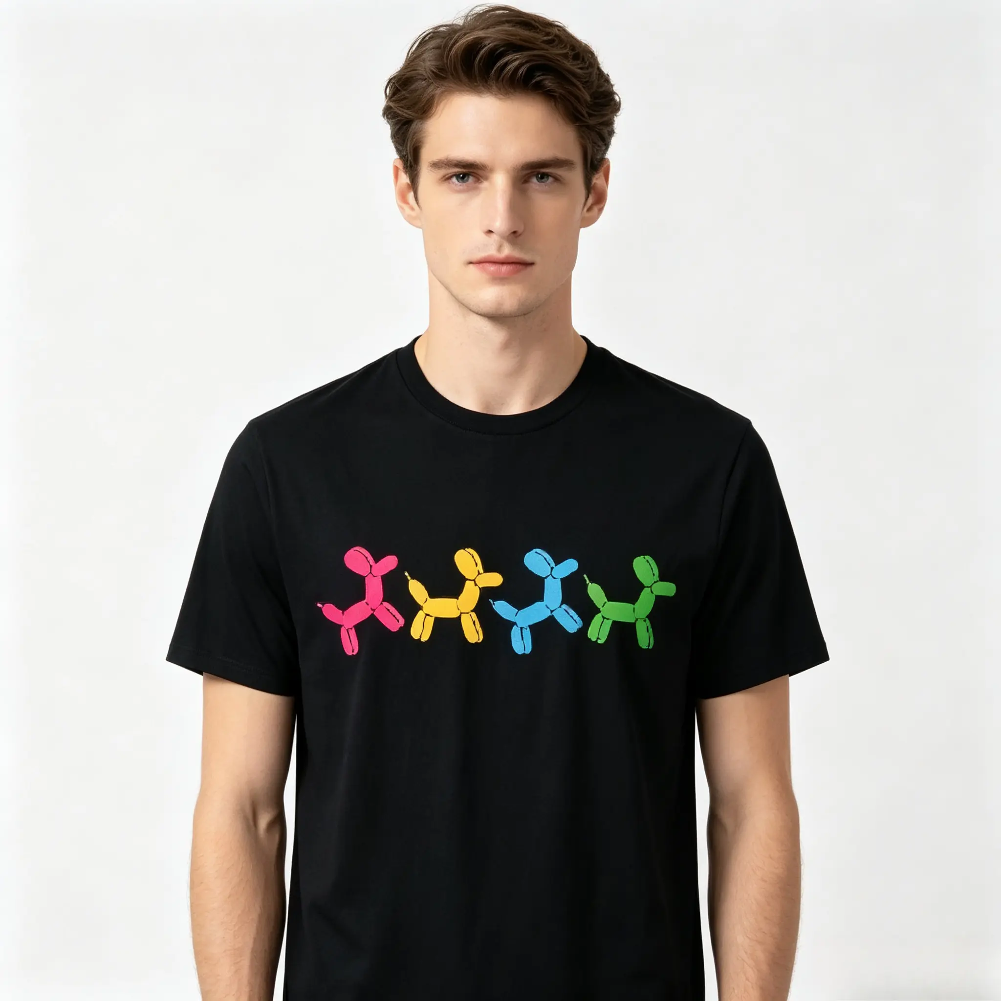 100% Cotton  Colorful Rainbow Balloon Dog Graphic T-Shirt, Loose Fit Crew Neck Minimal Casual Top, Cute Art Balloon Puppy Print Matching Tee For Men Women Daily Holiday Outfit streetwear unisex