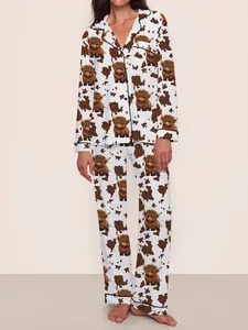【Highland cattle】Women's Cartoon Print Pajama Set, Long Sleeve & Pants, Elastic Waistband, Comfortable Home Wear, Fall Winter