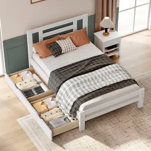 Solid Wood Twin Bed with Headboard, Twin Platform Bed for Teens and Adults, No Springs Needed, Solid Wood, Vintage Style