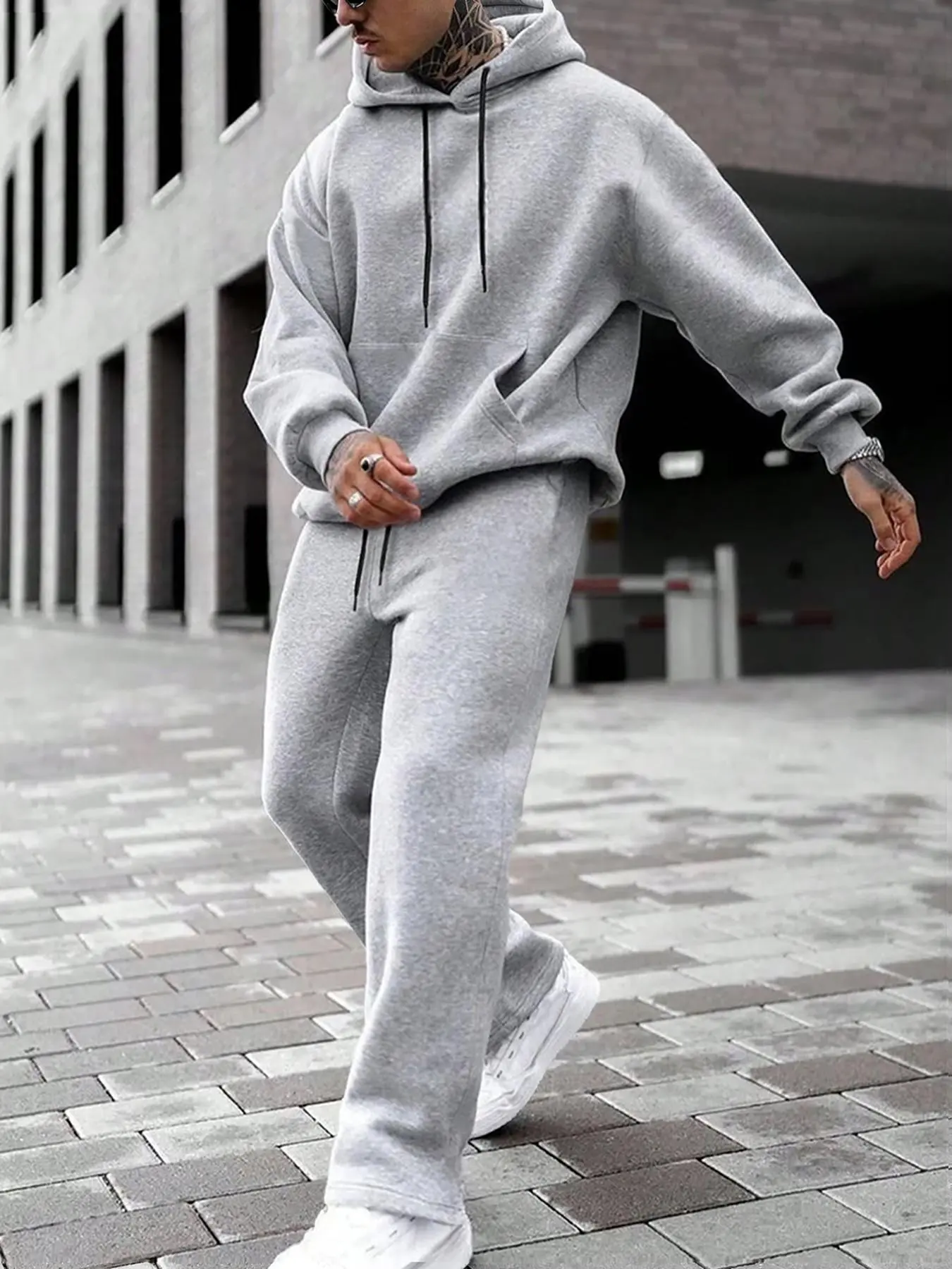 Men's Solid Drop Shoulder Hoodie & Straight Leg Sweatpants Two-piece Set, Casual Sweatsuits Set, Casual Matching Set, Casual Fashion Cozy Breathable Two Piece Outfits for Daily Outdoor Wear, Men Clothes for Spring & Fall, Menswear