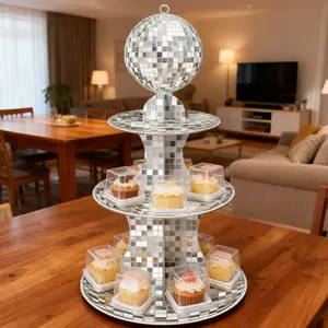 Three-Tiered Thickened Disco Silver Spotlight Cake Stand, Perfect for Displaying Desserts at Birthday, Christmas, And Halloween Parties. Safe for Non-Food Contact, Ideal for Paper Box Cakes, Jams, Sweets