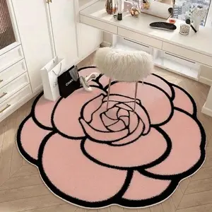 1pc French Minimalist Bedroom Decoration Boho Floral Rug Pink Cosmetic Plush Carpet Fluffy Soft Living Room Round Carpet Household Washable Anti-slip Floor Mat