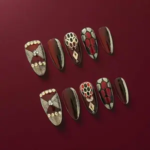 Dark Red Medium Almond Press On Nails - Luxury Handmade 3D Snake Charm, Gothic Rhinestone Glossy Reusable Fake Nails