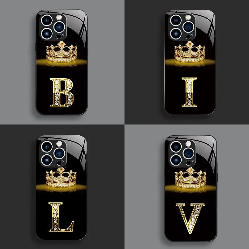 Crown Letter Glass Smartphone Case for iPhone 15 Pro Max, High-End Handheld Cellphone Cover, Business-Simple, Explosion-Proof, Anti-Fall, Anti-Fingerprint, Affordable Protection for Mobile Devices