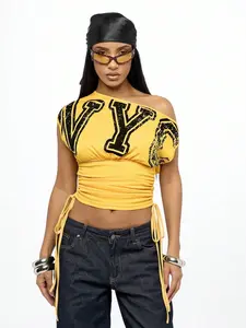 SUMWON WOMEN Off Shoulder Distressed Collegiate Letters Design Drawstring Side Crop Top Summer Festival Y2K Streetwear