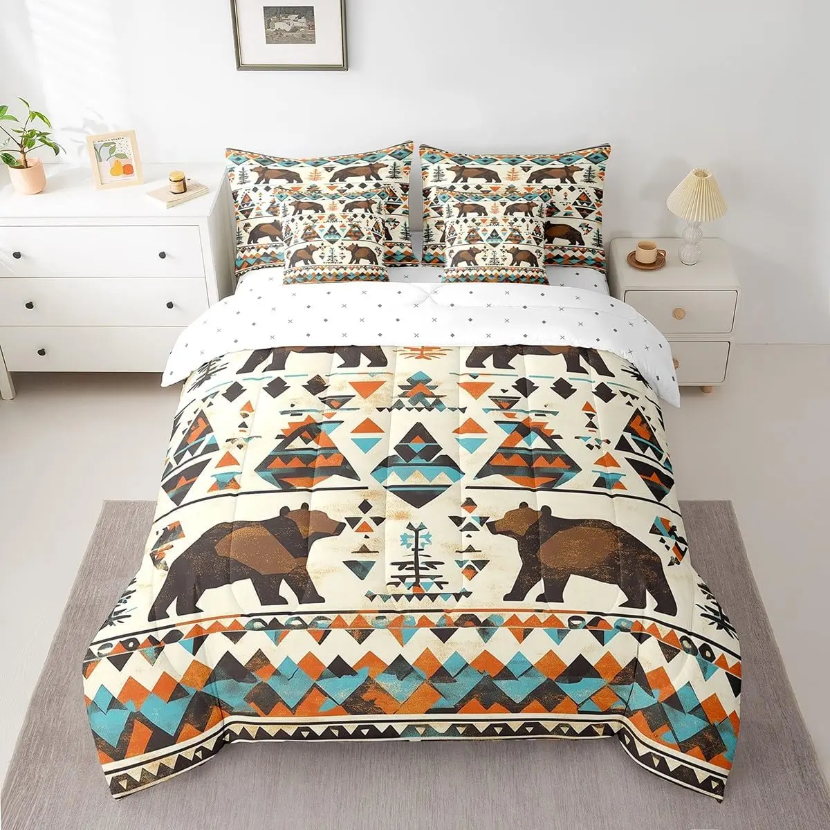 Feelyou 7-Piece Bear Comforter Set with Sheets, Southwest Native American Geometric Striped Bohemian Quilt Set, Western Home Decor Bedding, Western Bedding Sets