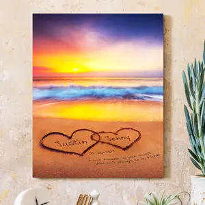 Couple's Name Date and Poetry in Heart sign on Sand at Romantic Sunset personalized Canvas Prints Love Gift for Anniversary,Wedding,Birthday and Holidays