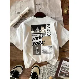 Women'S "Faded New York" Graphic T-Shirt - Casual Crew Neck, Short Sleeve, Regular Length, All-Season Streetwear with Brooklyn Bridge & NYC Skyline Print, Casual Streetwear |   Graphic Print Tee |   Comfortable Fit
