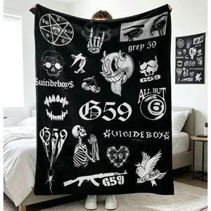Suicideboys G59 Records Collage Fleece Blanket, Hip Hop Rap Themed Soft Cozy Flannel Throw for Adults Kids, Grey59 Graphic Blanket for Fans, Couch, Bed, Sofa, Gift
