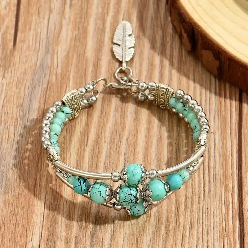Exquisite Bracelet, Turquoise Beaded Double-Row Antique Geometric Carved Feather Boho Retro Holiday Style Adjustable Fashion Costume Jewelry Bangle
