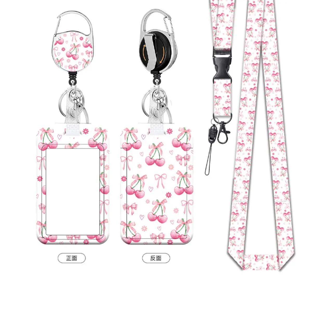 Cherry & Bow Pattern ID Badge Holder, Badge Holder with Lanyard, 1 Set Including Lanyard & Detachable Buckle & Card Holder, Cute Identification Badges Supplies, Badge Accessories, Removable Cardholder, Lanyard For Id Badge