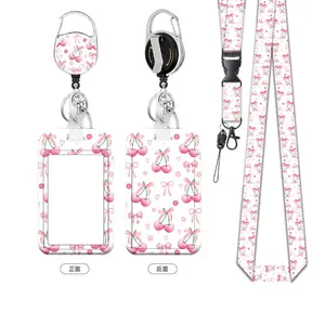 Cherry & Bow Pattern ID Badge Holder, 1 Set Including Lanyard & Detachable Buckle & Card Holder, Cute Identification Badges Supplies, Removable Cardholder