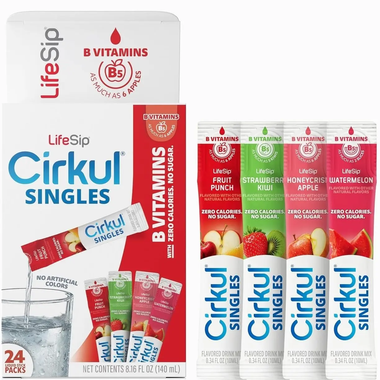 Cirkul LifeSip® Sugar Free Water Flavoring Clear Liquid Packets (24 Pack) - Fruit Punch, Strawberry Kiwi, Apple, Watermelon. No Sugar, Zero Calorie Drink Mix with B Vitamins, No Artificial Colors