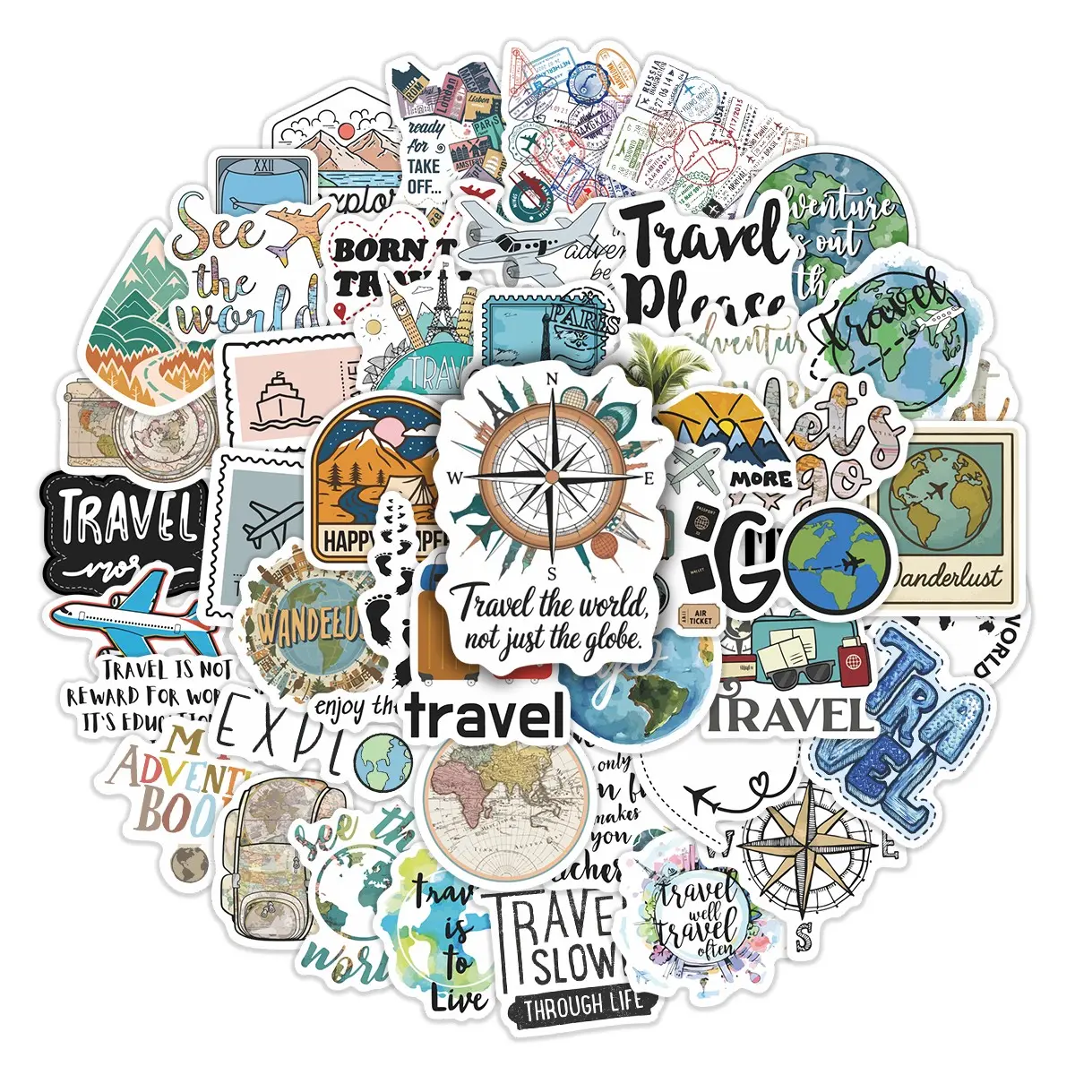 50pcs Travel & Adventure Stickers Pack, Waterproof Vintage Wanderlust World Map & Compass Decals, Stickers For Scrapbooking for Laptop, Water Bottle, Journal & Scrapbook, Travel Enthusiast Gift