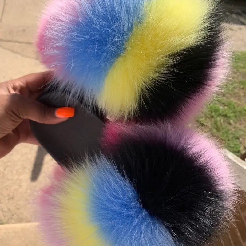 Bella Colorful Fluffy Slides for Women & Girls - Indoor/Outdoor Comfortable & Stylish Open Toe Fur Slides with Soft Rubber Sole for Year-Round Use sizes 5.5,6,6.5 only