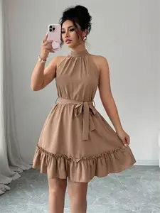 Summer New Stand Collar Solid Color Tie Waist Casual Style Vacation Sleeveless Ruffle Halter Dress, Mini Dress for Women