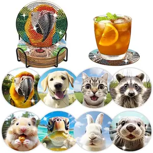 8-Piece Diamond Embroidery Coaster Set Animal Patterns (with Stand), DIY Diamond Art Craft Kit for Beginners, Home Decor Gift, Diamond Painting Kits