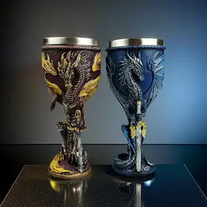 7oz Stainless Steel Medieval Flame Dragon Wine Goblet - Fantasy Dungeons and Dragons Wine Chalice Goblet