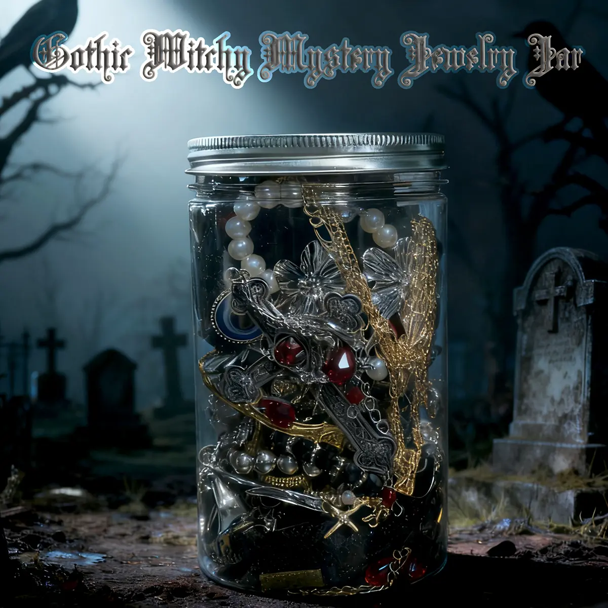Gothic Witch Jewelry Jar | Witch, Punk & Victorian with Gothic Ring, Necklaces, Earrings, Bracelets, Gift set, Antique Halloween Aesthetic Box, Gift for Her, Dark Aesthetic Collection Box